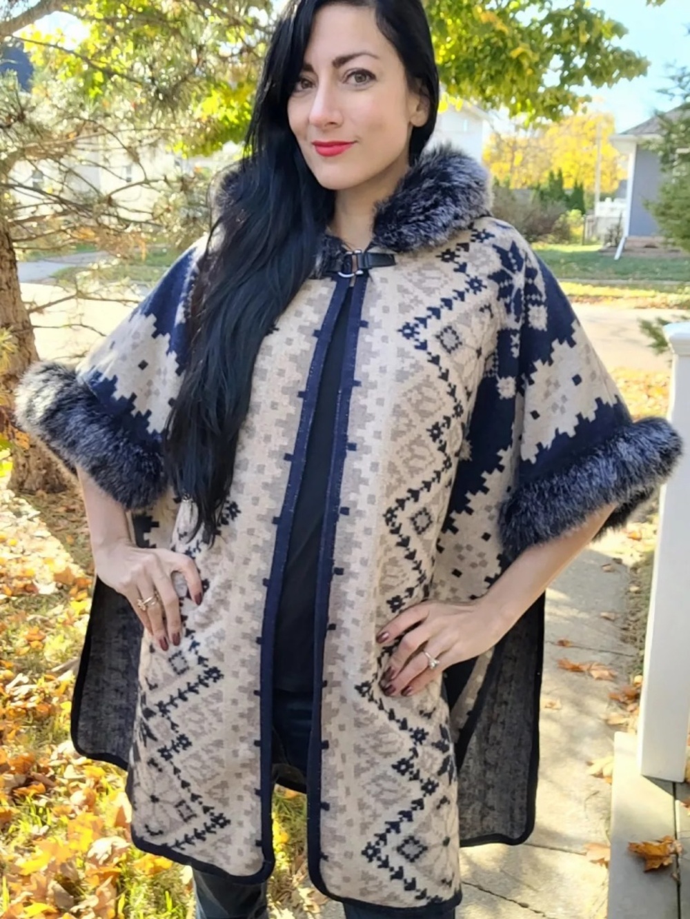 NWT Paparazzi Blue Aztec Wrap Cape Coat Poncho Boho Faux Fur Hooded One Size